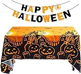 Aurasky Mantel de Calabaza de Halloween, Happy Halloween Banner, Murciélago Mantel de Plástico Impermeable, Decoración de Fiesta de Halloween para Casa Mesa Jardín