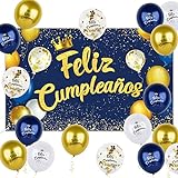 Pancarta Grande Feliz Cumpleaños Español + 12pcs Globos para Decoración Fiesta Cumpleaños Cartel Azul